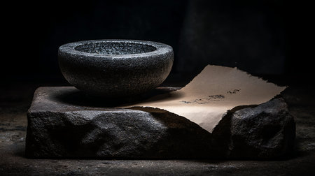 Stone mortar and pestle with old paper on a black background.の素材