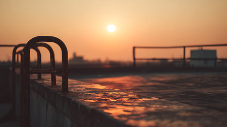 Stainless steel railing on the edge of the pool at sunsetの素材