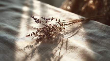 Bouquet of dried flowers on a linen tablecloth. Selective focus.の素材