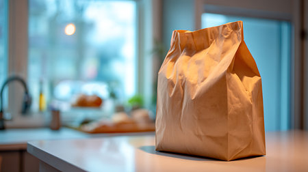 Brown paper bag on the table in the kitchen. Blurred backgroundの素材
