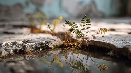 Small fern growing on the edge of a puddle with reflectionの素材