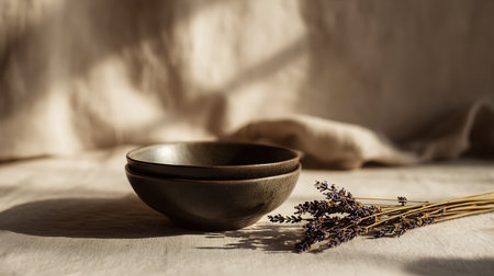 Bowl with dried lavender flowers on tablecloth in sunlight.の素材