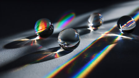 Transparent drops of water on a dark background with a rainbow.の素材