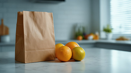 Paper bag with fresh citrus on table in kitchen. Mockup for designの素材