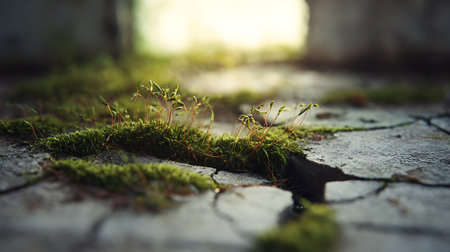 Green moss growing on the ground. Shallow depth of field.の素材