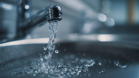 Faucet with water drops in the kitchen. Shallow depth of fieldの素材