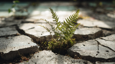 Green fern growing on a crack in the ground. Conceptual imageの素材