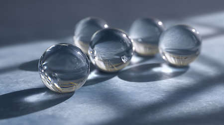 Transparent glass balls on a light background. 3D rendering.の素材