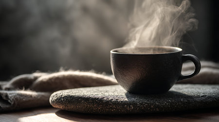 Cup of coffee on a wooden table with warm wool blanket.の素材