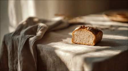 Sliced loaf of bread on a linen tablecloth. Selective focus.の素材