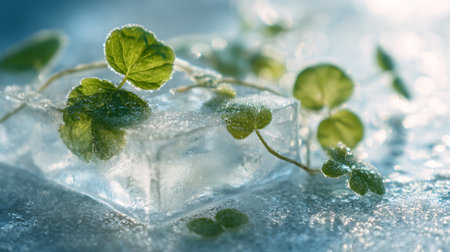 Melting ice cubes with fresh green sprouts. Winter background.の素材