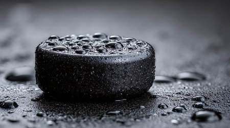 Water drops on black stone surface. Shallow depth of field.の素材
