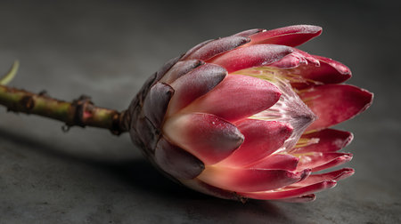 Close up of a protea flower on a dark background with copy spaceの素材