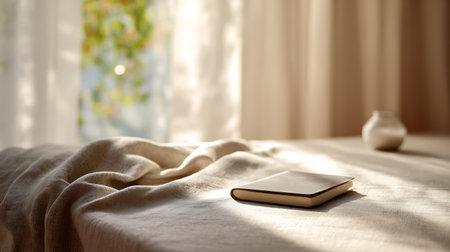 Book and cup of coffee on table in room. Cozy atmosphereの素材