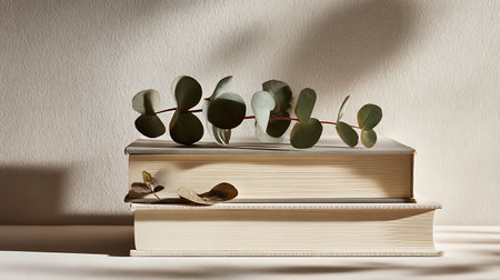 Books with eucalyptus branches on a white background.の素材
