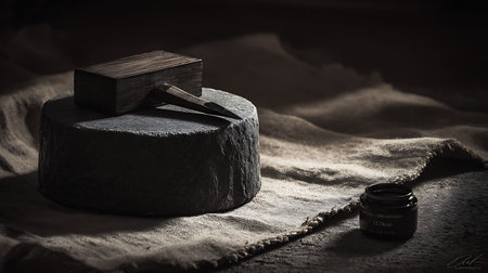 Wooden hammer on a stone and a jar of cream on a dark backgroundの素材