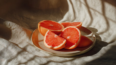 Ripe juicy grapefruits on a plate on a white backgroundの素材