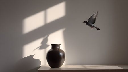 Silhouette of a vase and a bird on a shelfの素材