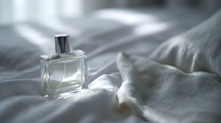 bottle of perfume on the bed in the morning. Shallow depth of fieldの素材