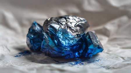 blue crumpled paper on a white background, close-upの素材