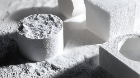 Close-up of a pile of white sugar cubes on a white backgroundの素材