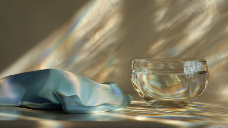 Glass of water with a blue cloth on a table in sunlight.の素材