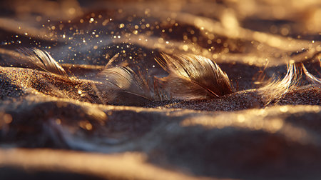 Feathers on sand in the sunset light, close-upの素材