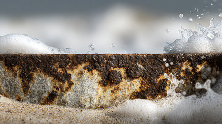 close up of a rusty iron railing with water splashes and foamの素材