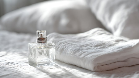Bottle of perfume on white bed, closeup. Luxury fragranceの素材