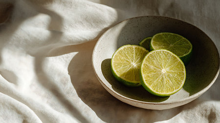 Lime slices in a plate on a white tablecloth, top viewの素材
