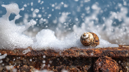 Snails in the foam on a rusty surface, close-upの素材