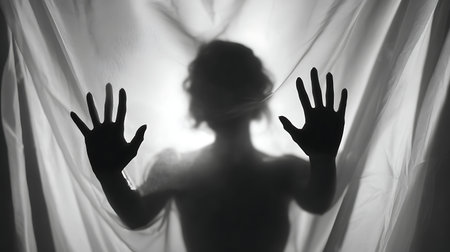 Silhouette of a beautiful woman covering her body with a white curtainの素材