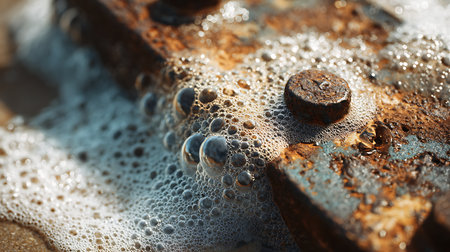 closeup of a rusty bolt in a piece of metal with water dropsの素材