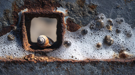 Rusty metal background with snail shell. Shallow depth of field.の素材