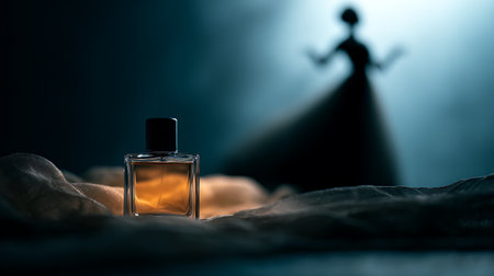 Perfume bottle on a dark background with silhouette of a man.の素材