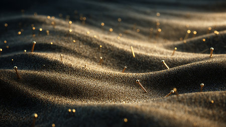 Golden threads on the sand. 3d rendering, 3d illustration.の素材