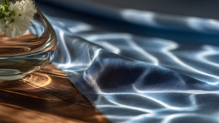 A glass vase with a white flower on a wooden table on a blue backgroundの素材