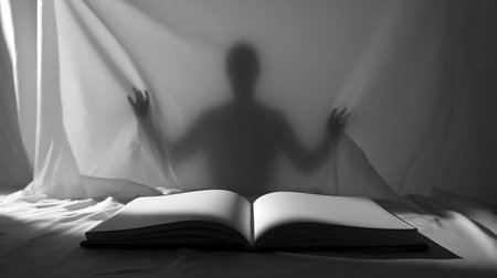 Silhouette of a woman reading a book on a white backgroundの素材