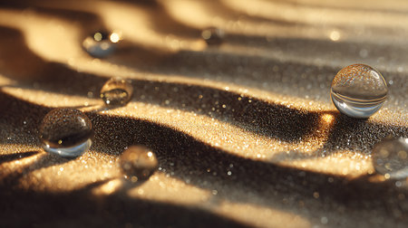 Water drops on sand with reflection of sunlight, close-up.の素材