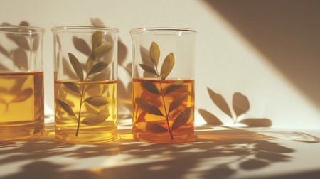 Olive oil in test tubes on white background with shadows and sunlightの素材