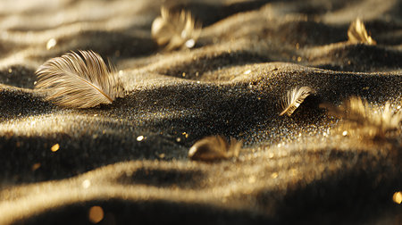 Feathers on golden sand, closeup. Space for textの素材