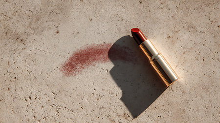 Lipstick on concrete background with shadow. Top view, copy spaceの素材