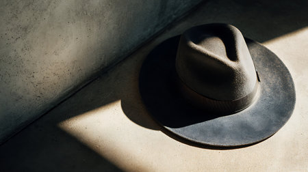 Cowboy hat with shadow on concrete wall background. Vintage style.の素材