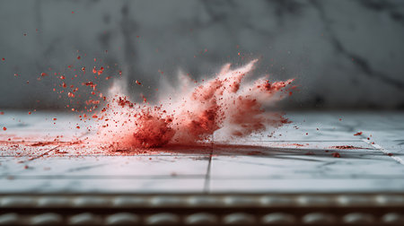 Red powder explosion on a white background. 3d rendering, 3d illustration.の素材
