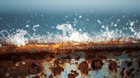 Closeup of rusted metal with splashes of water on itの素材