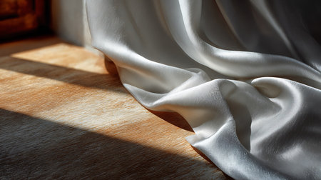 white satin fabric on the wooden table with light and shadows.の素材