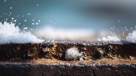Close up of frozen water on old rusty iron fence at the beachの素材