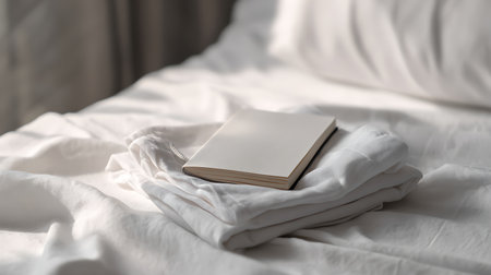 Composition with book on bed, closeup. Bedroom interiorの素材