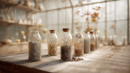 Glass jars with different kinds of spices and herbs on wooden table.の素材