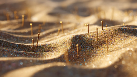 golden nails on the sand in the desert. 3d renderingの素材